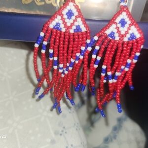 Red and Blue Beaded Earrings with Geometric Patterns